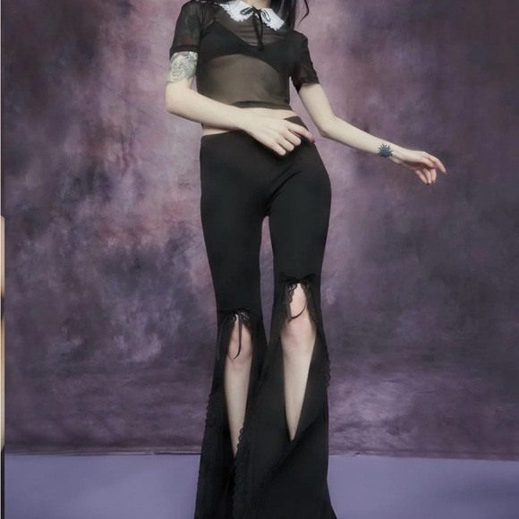 Dollskill Widow Terror After Tea Time Collared Mesh Crop Top Black and White NWT - Picture 3 of 8